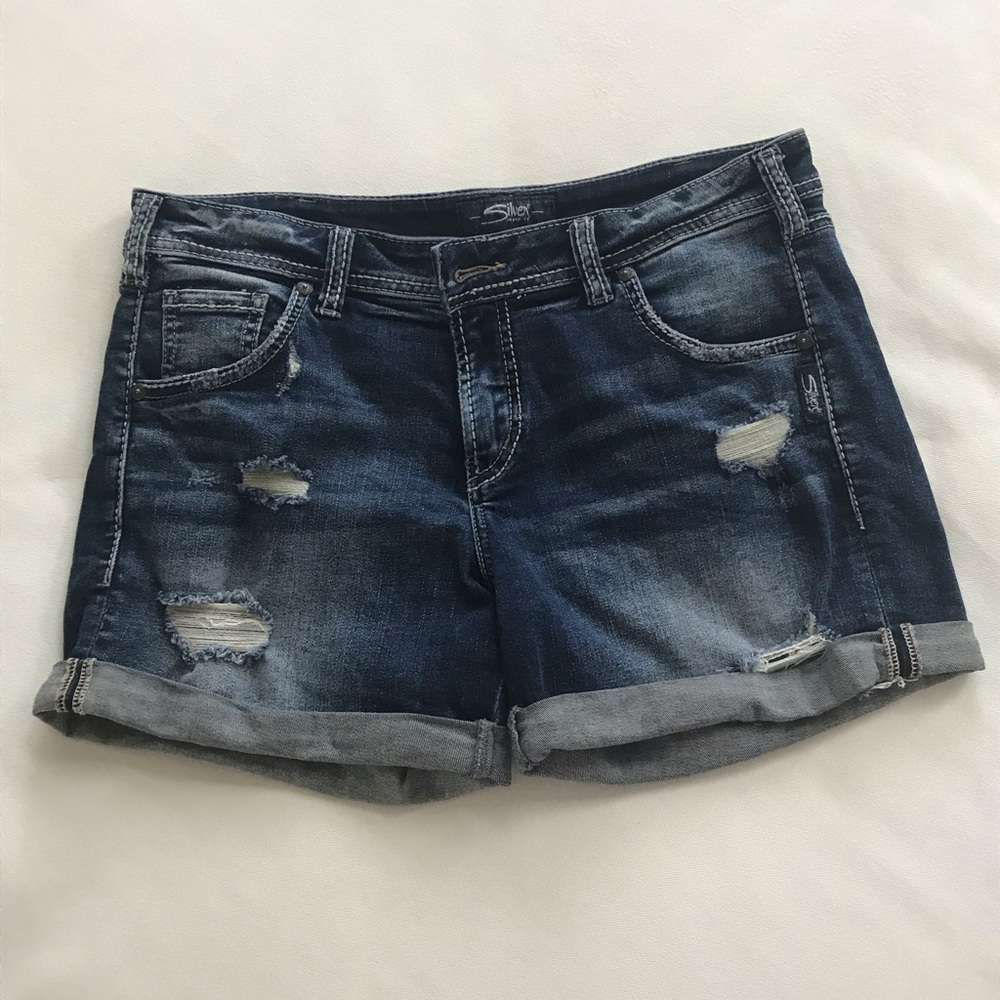 Silver distressed jean shorts